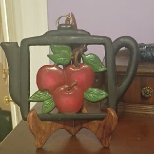 Decorative Black Teapot with Red Apples